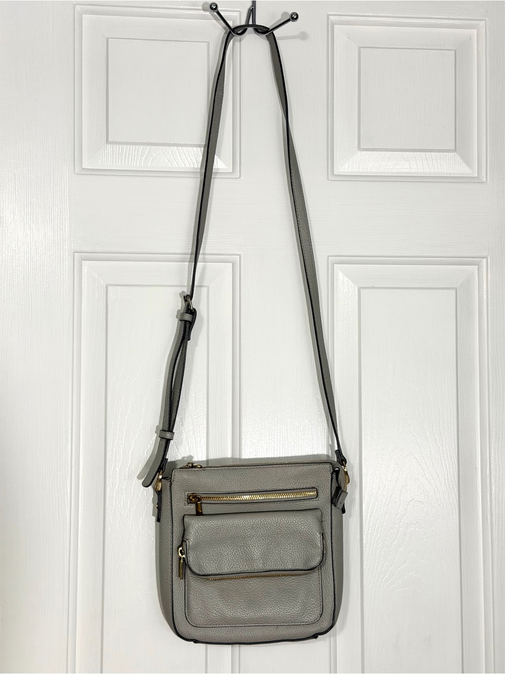 Gray Pebbled Crossbody Bag with Gold Hardware